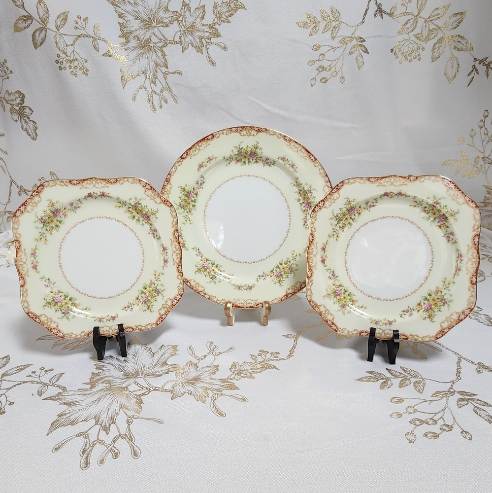 Antique Noritake Japanese China 3-Piece Plate Set - "M" Style - 1930's Japanese